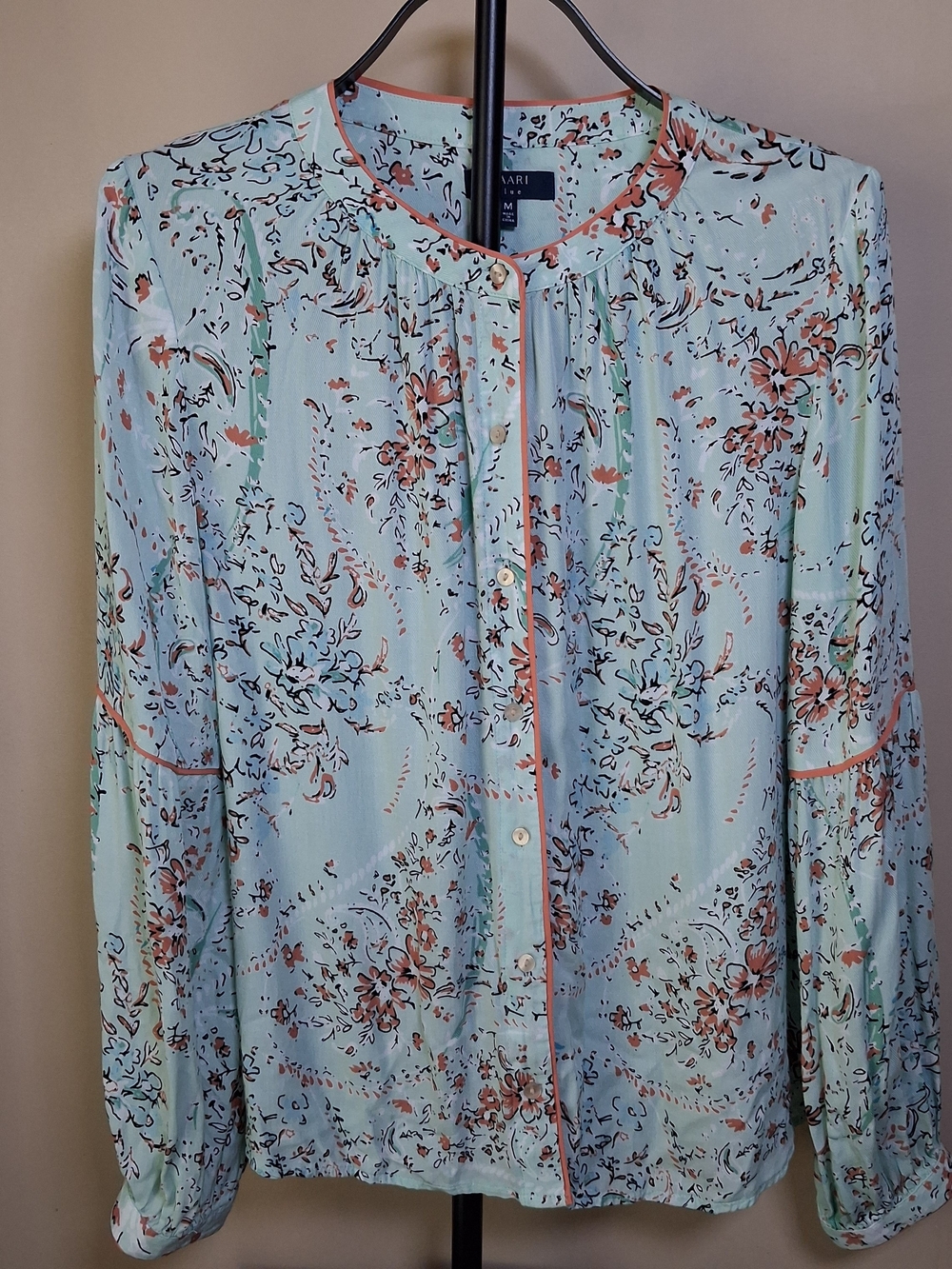 Kaari Blue Women’s Mint & Coral Floral Top W/Coral Piping; Size M